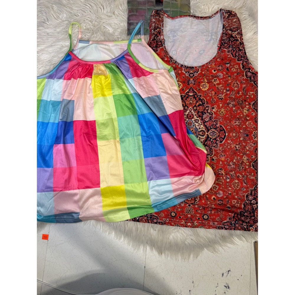 Lot of 2 Womens Sleeveless Tops Rainbow Grid Camisole and Red Medallion Tank